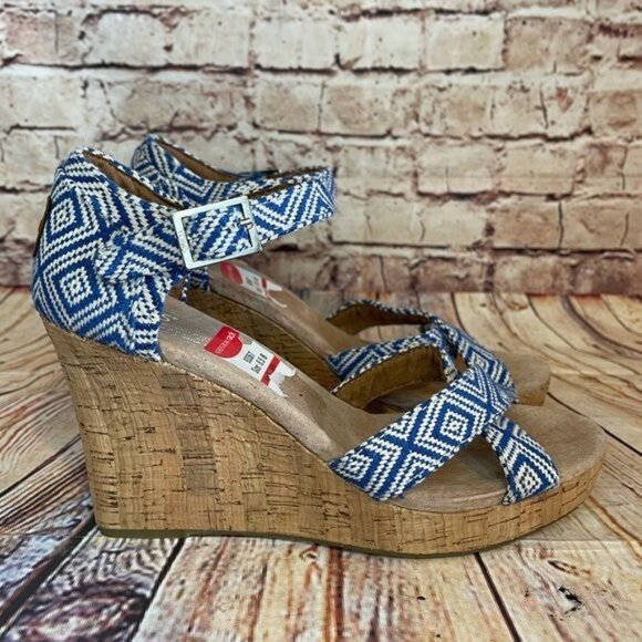 New Toms Blue & White Espadrille Cork Wedge sz 8.5 - Picture 1 of 7